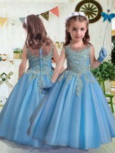 Baby Blue Sleeveless Floor Length Appliques Clasp Handle Girls Pageant Dresses