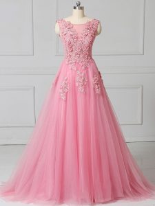Pink Lace Up Scoop Appliques Prom Evening Gown Tulle Sleeveless Brush Train