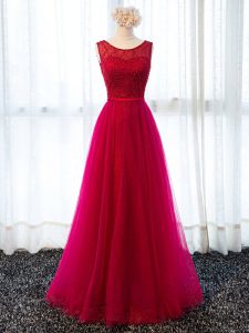Extravagant Fuchsia A-line Scoop Sleeveless Tulle Floor Length Lace Up Beading and Belt Prom Gown