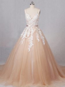 Charming Champagne Tulle Zipper Bridal Gown Sleeveless Brush Train Appliques