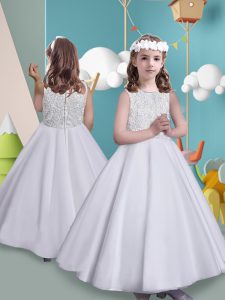 Pretty Sleeveless Tulle Ankle Length Zipper Flower Girl Dresses in White with Beading and Lace