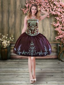 Brown Lace Up Party Dresses Embroidery Sleeveless Mini Length