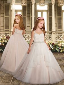 White Straps Neckline Beading and Lace and Belt Flower Girl Dresses Sleeveless Clasp Handle
