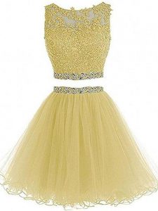 Yellow Tulle Zipper Dress for Prom Sleeveless Mini Length Beading and Lace and Appliques