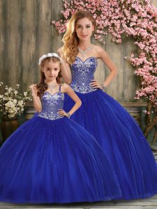 Trendy Blue Ball Gowns Beading Quince Ball Gowns Lace Up Taffeta Sleeveless Floor Length