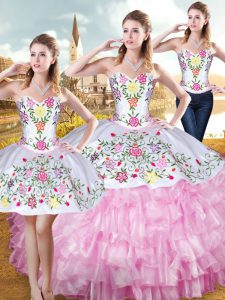 Clearance Rose Pink Sleeveless Organza and Taffeta Lace Up Sweet 16 Dress for Military Ball and Sweet 16 and Quinceanera