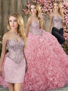 Latest Fabric With Rolling Flowers Sweetheart Sleeveless Brush Train Lace Up Beading Quince Ball Gowns in Pink