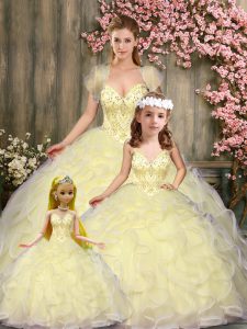 Dynamic Ball Gowns Sweet 16 Dress Light Yellow Sweetheart Tulle Sleeveless Floor Length Lace Up