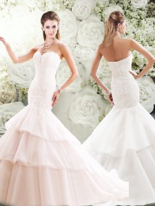 Spectacular Pink Clasp Handle Bridal Gown Lace and Ruffled Layers Sleeveless Brush Train