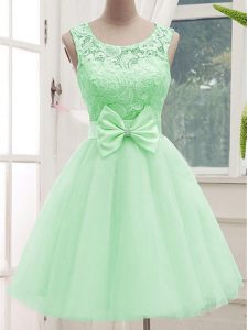 Exceptional Sleeveless Knee Length Lace and Bowknot Lace Up Dama Dress for Quinceanera with Apple Green