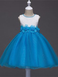 Baby Blue Ball Gowns Tulle Scoop Sleeveless Lace and Hand Made Flower Knee Length Zipper Child Pageant Dress