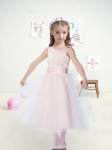 Baby Pink Sleeveless Beading and Lace Tea Length Flower Girl Dresses