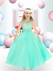 Charming Floor Length Backless Flower Girl Dresses for Less Turquoise for Military Ball and Sweet 16 and Quinceanera wit