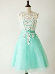 Sumptuous Turquoise Tulle Lace Up Scoop Sleeveless Knee Length Bridesmaids Dress Lace