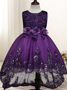 High Low Zipper Flower Girl Dresses for Less Dark Purple for Wedding Party with Lace and Appliques and Bowknot and Hand 