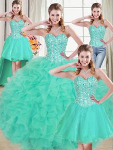 Sumptuous Turquoise Lace Up Sweetheart Beading and Ruffled Layers 15 Quinceanera Dress Organza Sleeveless Brush Train