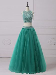 Glamorous Two Pieces Prom Dresses Green Scoop Tulle Sleeveless Floor Length Zipper