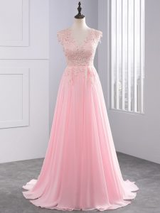 Side Zipper Baby Pink for Prom and Party with Lace and Appliques Brush Train