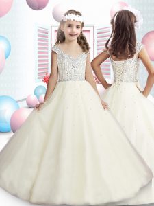 Deluxe White Organza Lace Up Straps Cap Sleeves Floor Length Flower Girl Dresses for Less Beading