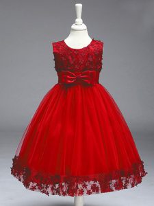 Wine Red A-line Tulle Scoop Sleeveless Lace and Bowknot Knee Length Zipper Child Pageant Dress