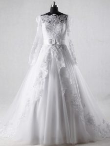 Decent White Tulle Zipper Bridal Gown Long Sleeves Brush Train Lace and Belt