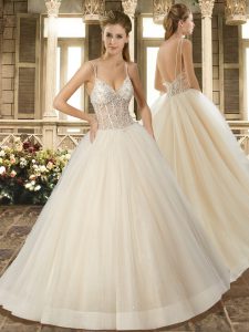 Superior Champagne Bridal Gown Tulle Brush Train Sleeveless Lace