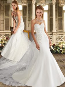 On Sale Sweetheart Sleeveless Wedding Gowns Sweep Train Appliques and Embroidery White Organza