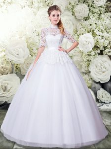 Glorious White Tulle Lace Up Wedding Dresses Sleeveless Floor Length Lace