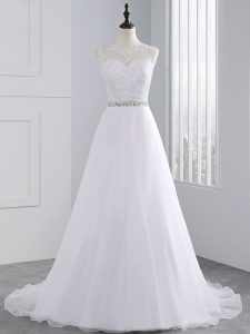 Sleeveless Chiffon Brush Train Zipper Wedding Dresses in White with Beading and Lace and Appliques