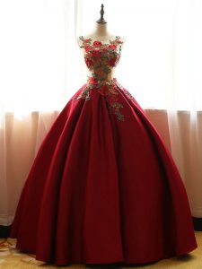 High End Sleeveless Floor Length Appliques Lace Up Sweet 16 Quinceanera Dress with Wine Red