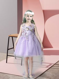 Artistic Lavender Sleeveless High Low Lace and Bowknot Zipper Flower Girl Dress
