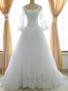 Modest White A-line Lace and Appliques Wedding Dresses Zipper Tulle Sleeveless