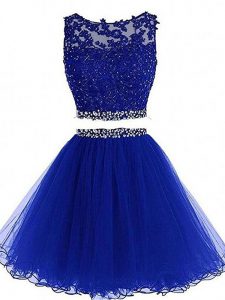 High Quality Royal Blue Scoop Neckline Beading and Lace and Appliques Sleeveless Zipper