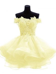 Light Yellow Organza Zipper Prom Dress Sleeveless Mini Length Beading and Lace and Appliques and Ruffles