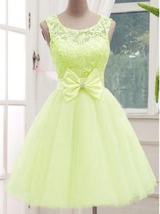 Edgy Yellow Green A-line Tulle Scoop Sleeveless Lace and Bowknot Knee Length Lace Up Bridesmaids Dress