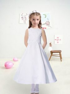 Custom Made White A-line Beading Toddler Flower Girl Dress Zipper Satin Sleeveless Ankle Length