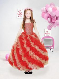 Straps Sleeveless Little Girls Pageant Gowns Ankle Length Ruffled Layers and Sequins Multi-color Organza