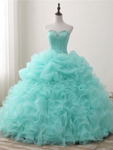 Fabulous Apple Green Ball Gowns Organza Sweetheart Sleeveless Beading and Ruffles and Pick Ups Floor Length Lace Up 15 Q