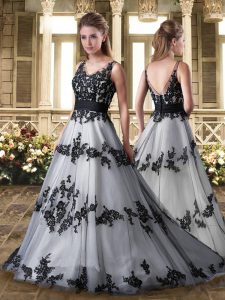 White And Black A-line Organza Straps Sleeveless Appliques and Embroidery Backless Wedding Dress Sweep Train