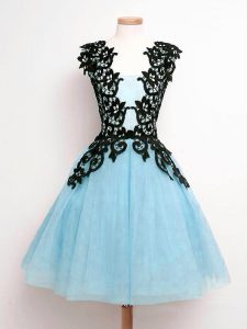 Aqua Blue Tulle Lace Up Bridesmaids Dress Sleeveless Knee Length Lace