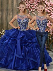Organza Scoop Sleeveless Lace Up Beading and Ruffles Quince Ball Gowns in Royal Blue