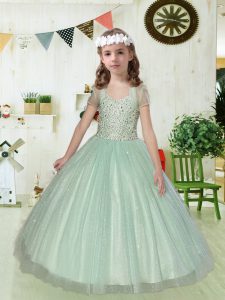 Apple Green Ball Gowns Beading Little Girl Pageant Dress Lace Up Tulle Sleeveless Floor Length