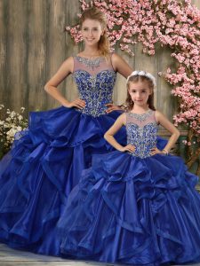 Unique Blue 15 Quinceanera Dress Military Ball and Sweet 16 and Quinceanera with Beading and Ruffles Scoop Sleeveless La