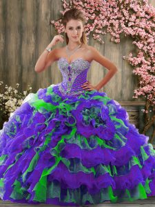 Hot Selling Multi-color Ball Gowns Organza Sweetheart Sleeveless Beading and Ruffles Lace Up Sweet 16 Dress Court Train