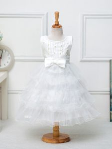 Charming White Ball Gowns Ruffled Layers and Bowknot Flower Girl Dress Zipper Organza Sleeveless Tea Length
