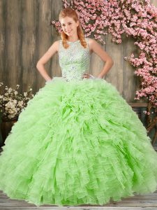 Floor Length Zipper Quinceanera Dresses Yellow Green for Military Ball and Sweet 16 and Quinceanera with Beading and Ruf