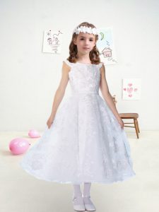 Perfect Tulle Cap Sleeves Tea Length Flower Girl Dresses and Lace and Appliques