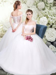 Unique Sleeveless Tulle Floor Length Lace Up Wedding Dresses in White with Ruching