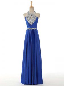Gorgeous Elastic Woven Satin Halter Top Sleeveless Zipper Beading and Ruching Formal Evening Gowns in Royal Blue