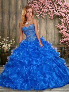 High Quality Beading and Ruffles Quinceanera Dress Blue Lace Up Sleeveless Floor Length